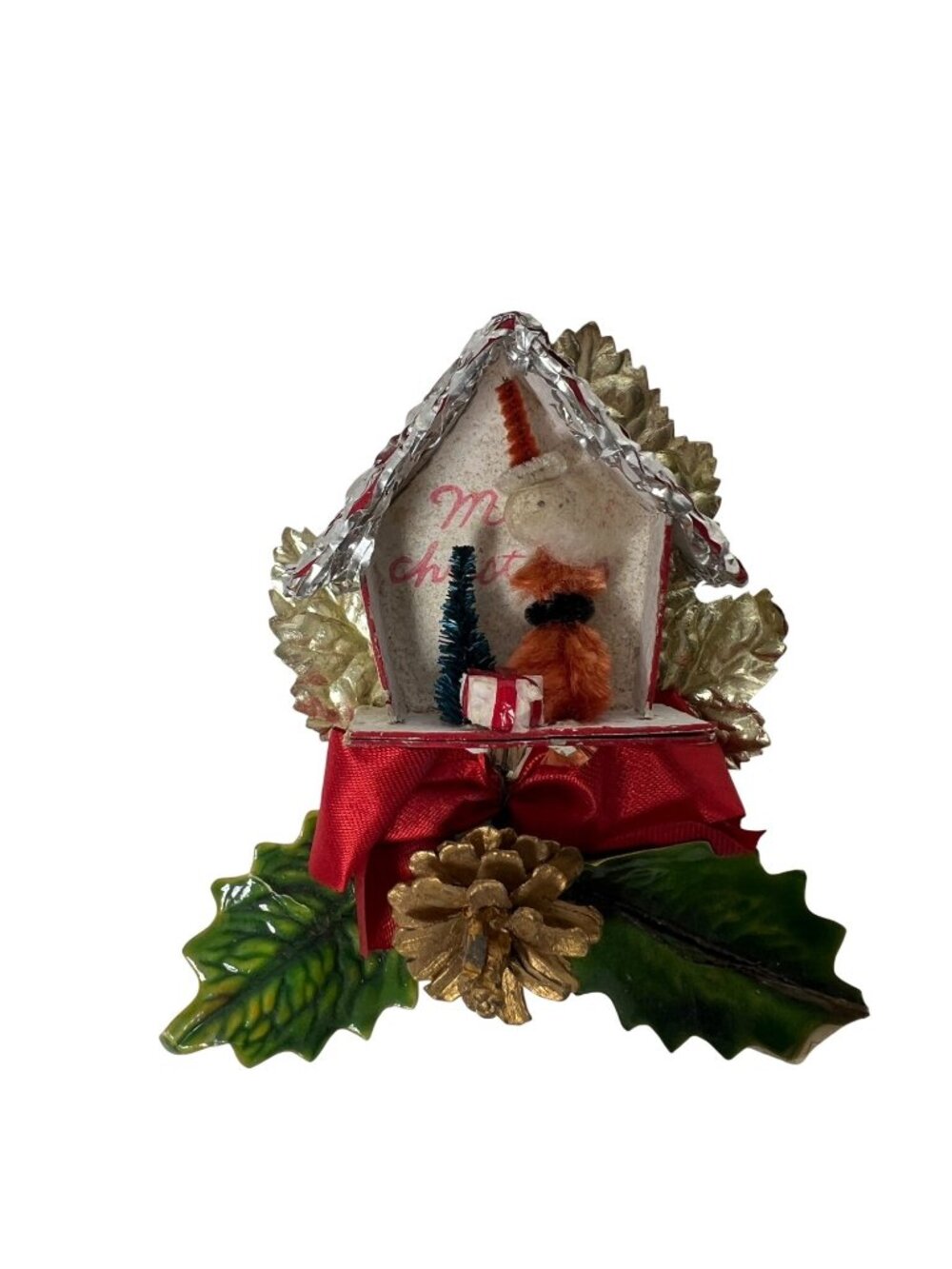 VTG Christmas Chenille Santa Diorama Corsage Bottle Brush Tree Pinecone